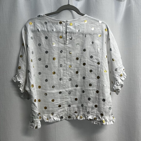 For Cynthia 100% Linen White Cropped Boxy Top Silver & Gold Polka Dot Medium - Picture 6 of 9